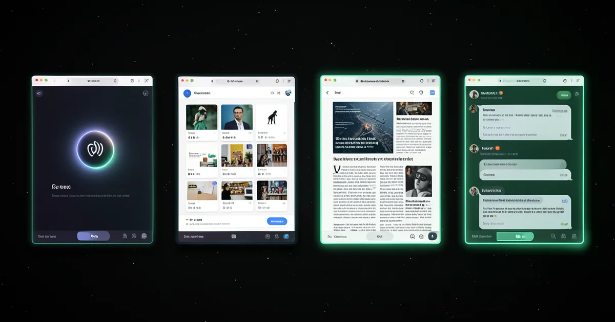 Four AI Mode templates displayed side by side showing Spotlight, Dashboard, Magazine, and Chat Thread layouts